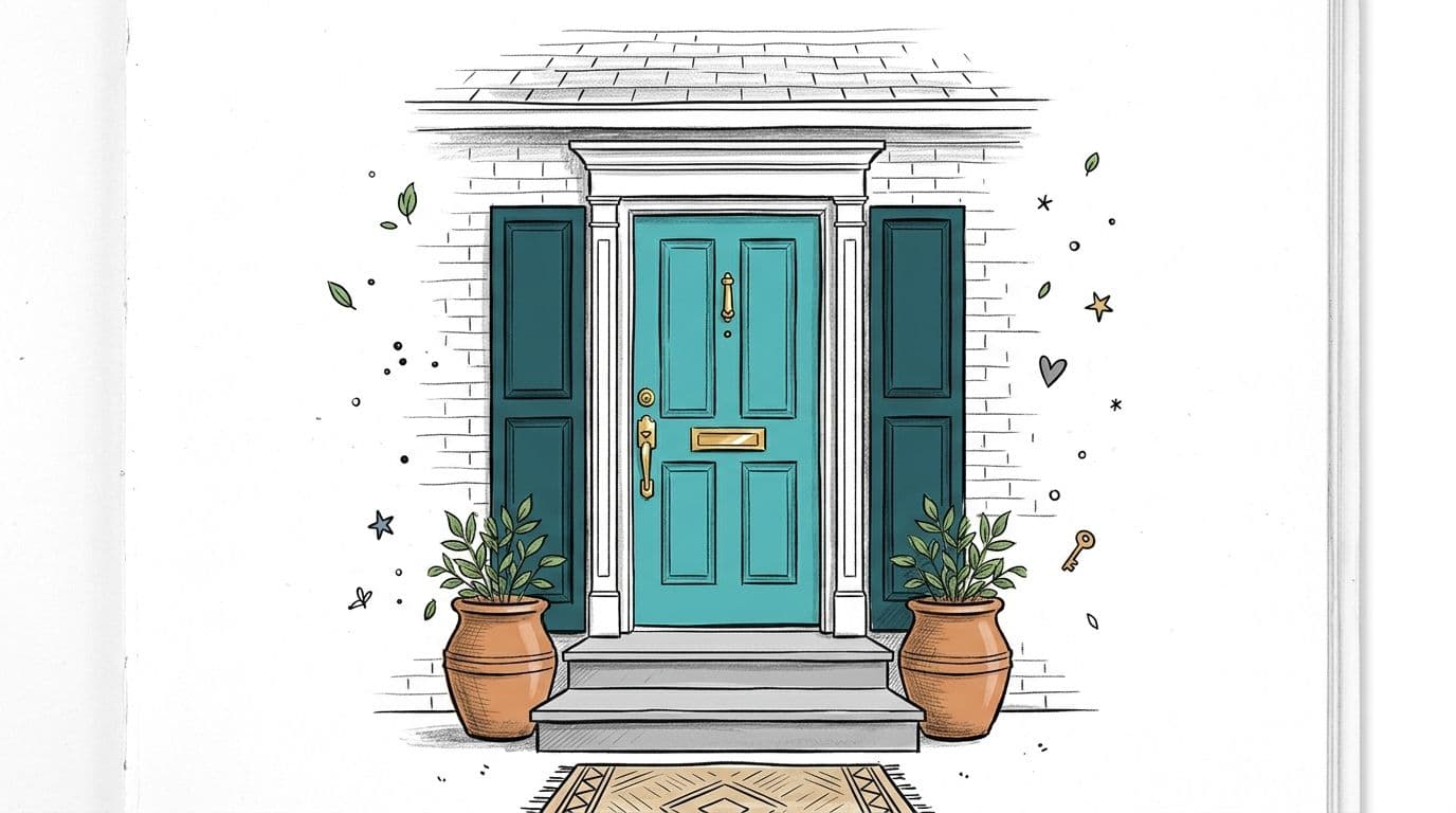 A charming hand-drawn illustration of a teal front door with green shutters, planters, and a welcome mat.