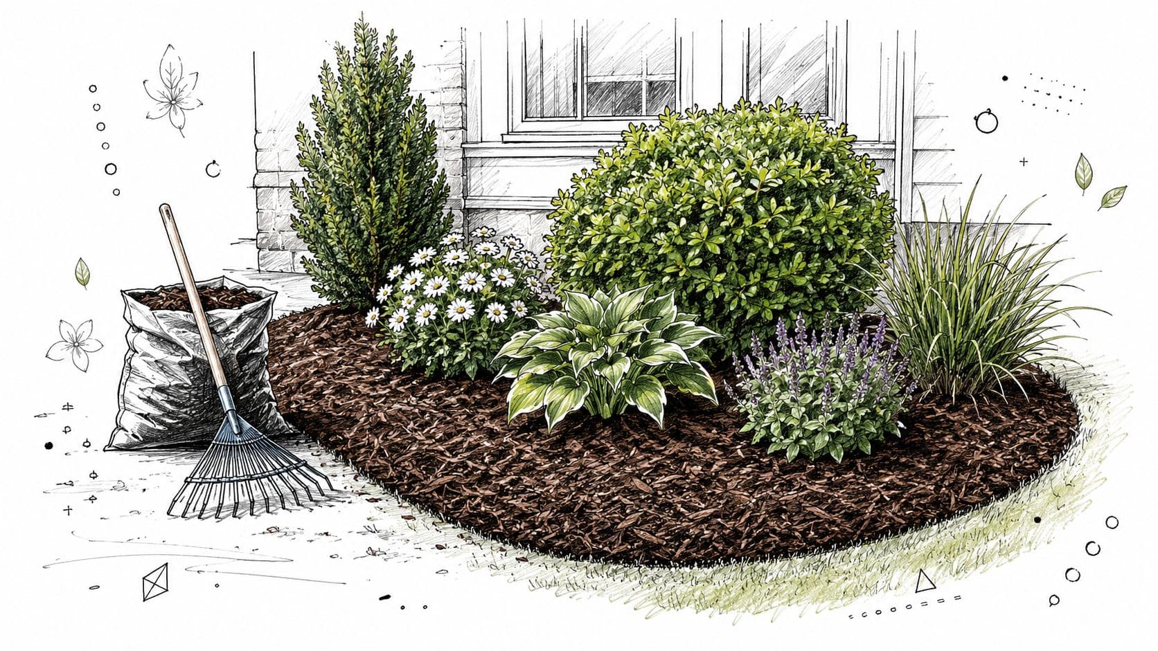 A garden bed with mulch, decorative plants, and a rake leaning against a bag of soil.