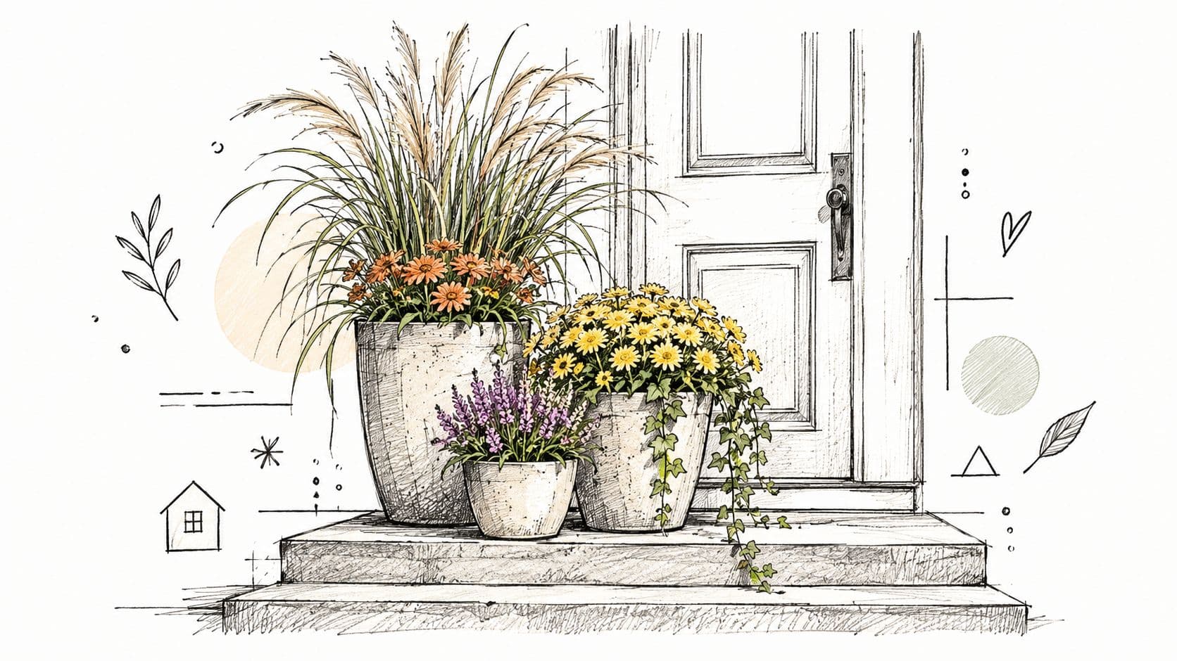 A pencil sketch of potted flowers and tall grass plants decorating the front porch of a house.