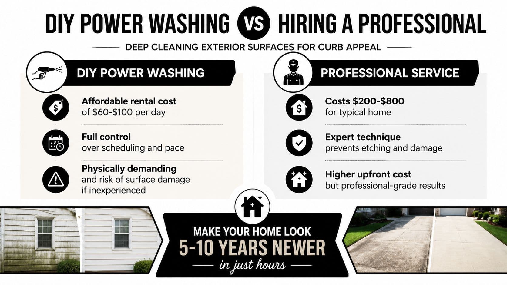 A comparison infographic between DIY power washing and professional cleaning services for improving home exterior curb appeal.