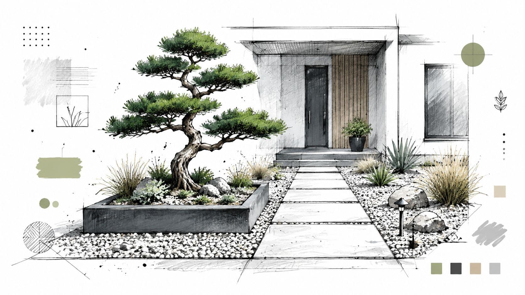 A modern architectural sketch of a home entrance featuring a bonsai tree, stone path, and minimalist landscaping.