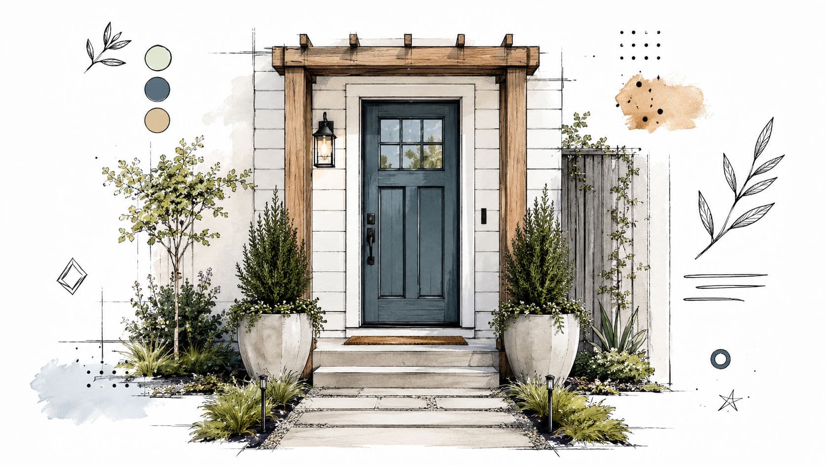 A sketched illustration of a modern home entryway with a blue front door and potted plants.