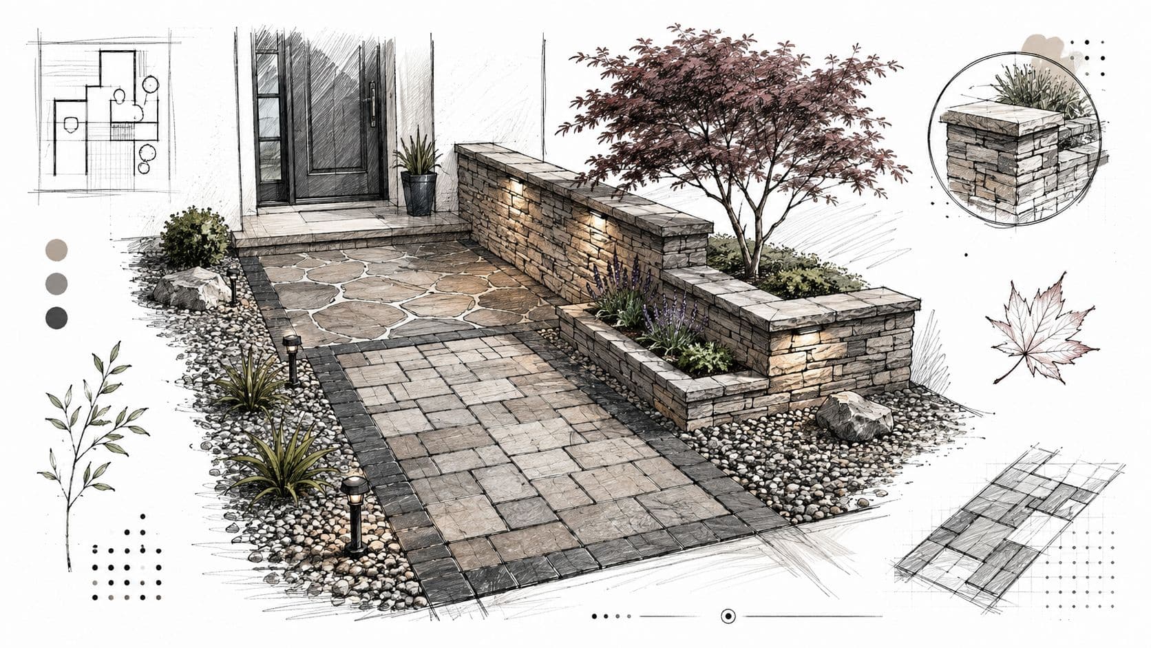 A professional architectural sketch of a modern small front yard landscaping design featuring stone pavers and lighting.