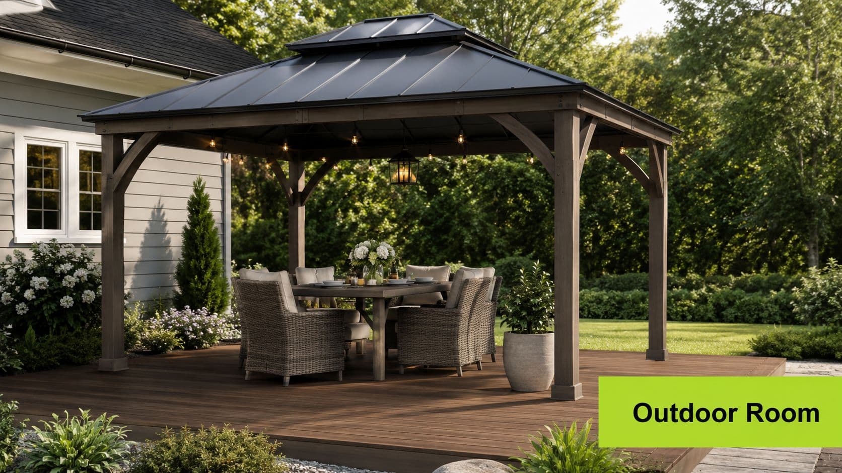 A luxurious wooden gazebo with a dark metal roof providing shade over an outdoor dining set on a deck.