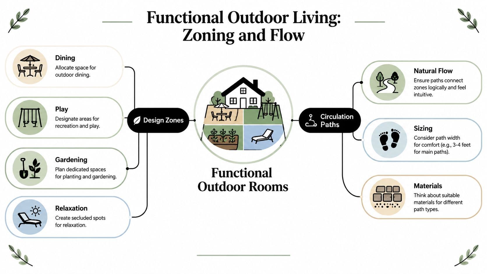 A diagram illustrating design zones and circulation paths for creating functional outdoor living spaces and rooms.