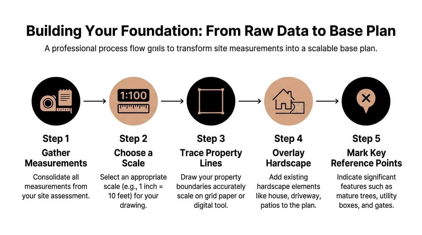 A five-step infographic guide explaining how to transform site measurements into a scalable landscape base plan.