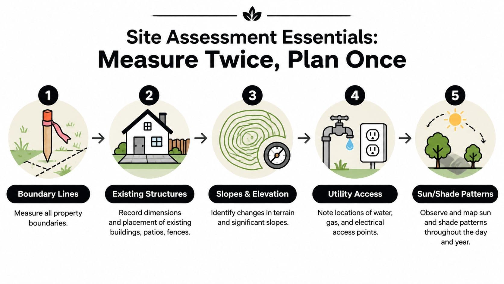 An infographic showing five essential steps for assessing a site before starting a DIY landscape project.