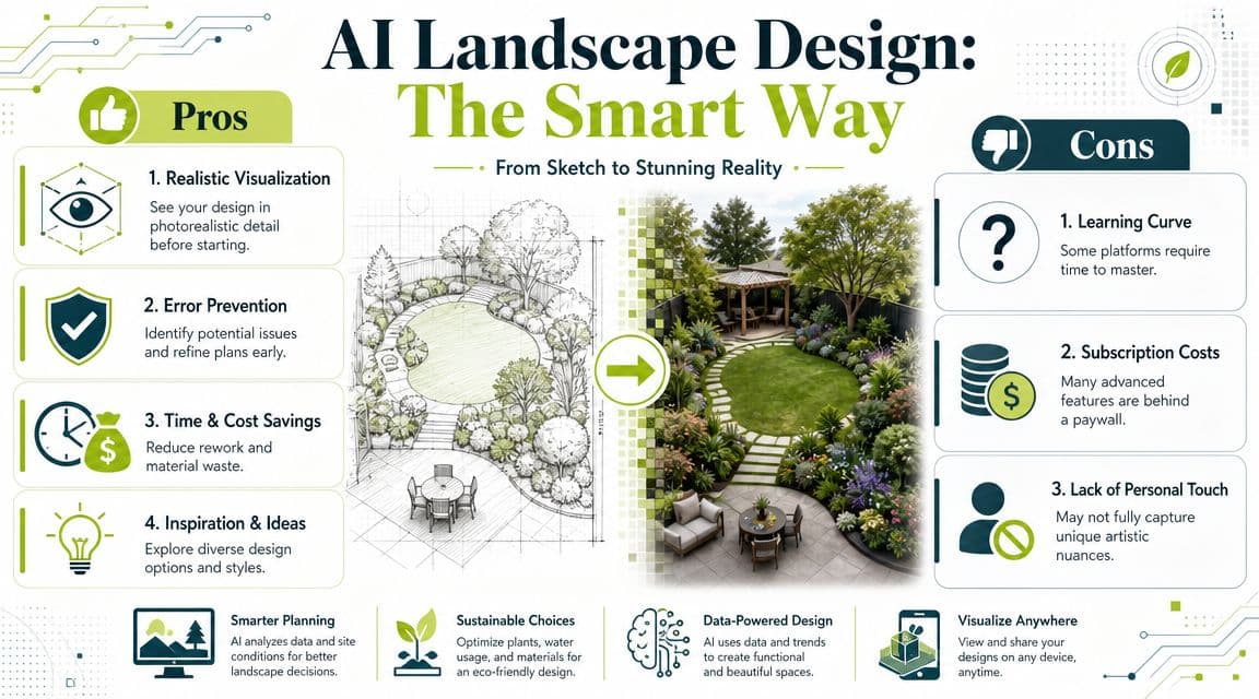 An infographic showing the pros and cons of using AI tools for landscape design planning and visualization.