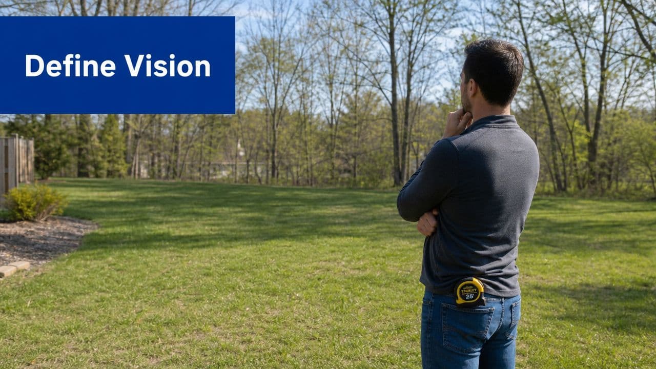 A man standing in a backyard looking out at the landscape while planning a project.