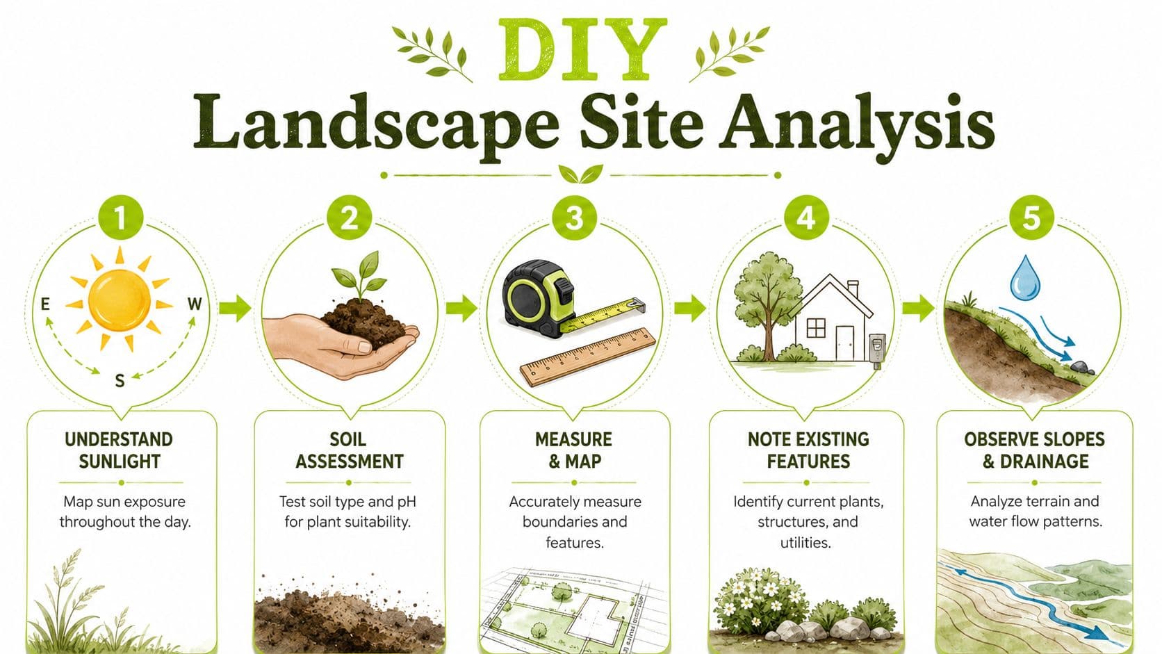 A step-by-step infographic titled DIY Landscape Site Analysis, detailing five essential planning stages for gardening.