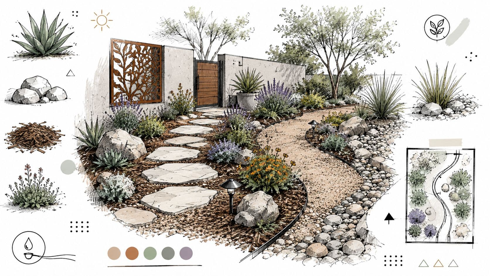 A detailed architectural sketch of a drought-tolerant garden design with flagstone paths and desert plants.
