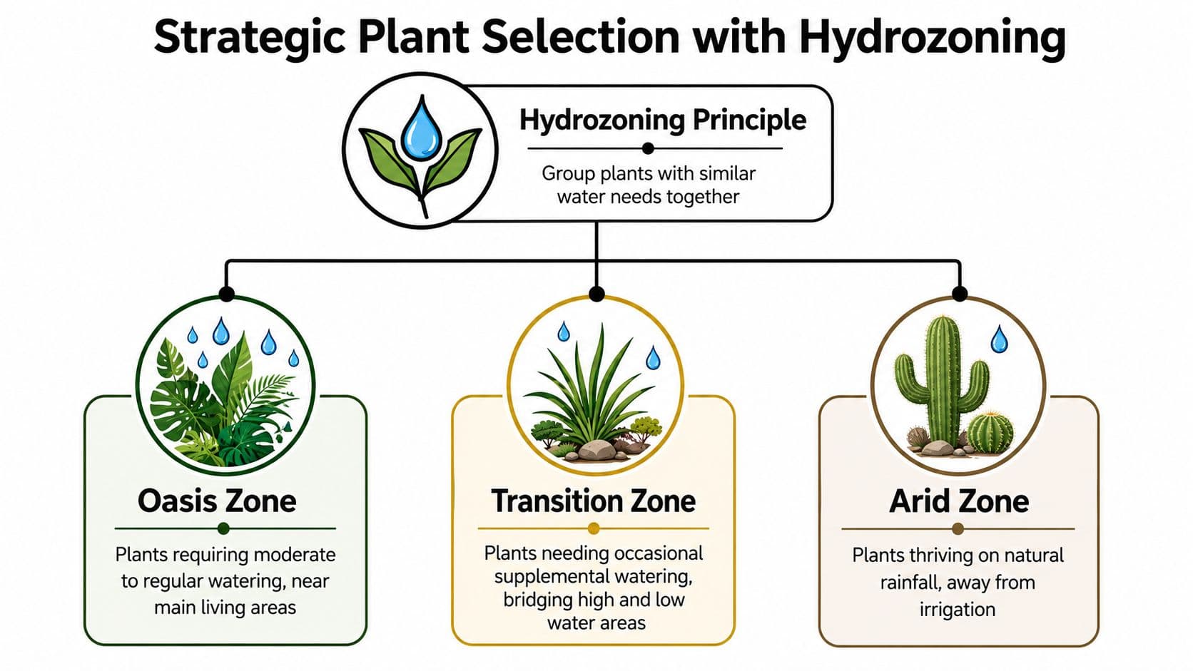 An infographic showing the principle of hydrozoning with oasis, transition, and arid plant zones for landscaping.