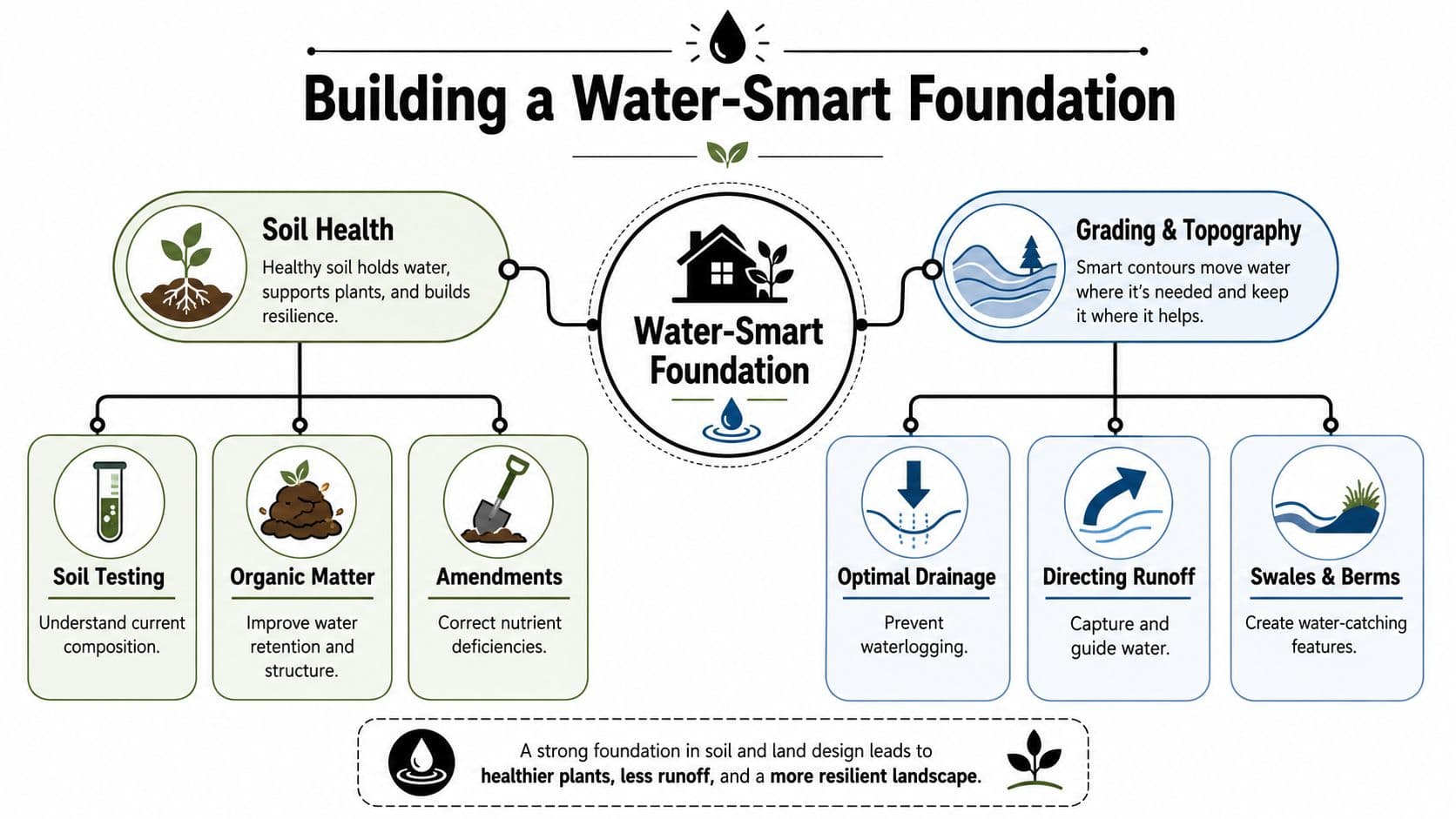 A diagram illustrating the principles of building a water-smart landscape foundation through soil health and topography.