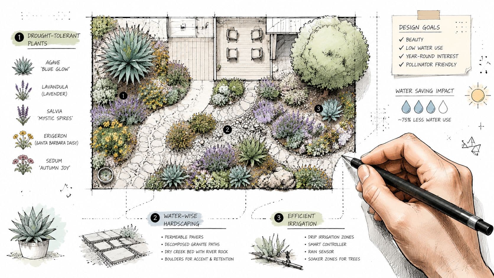 A hand-drawn landscape design plan featuring drought-tolerant plants, water-wise hardscaping, and efficient irrigation for a garden.