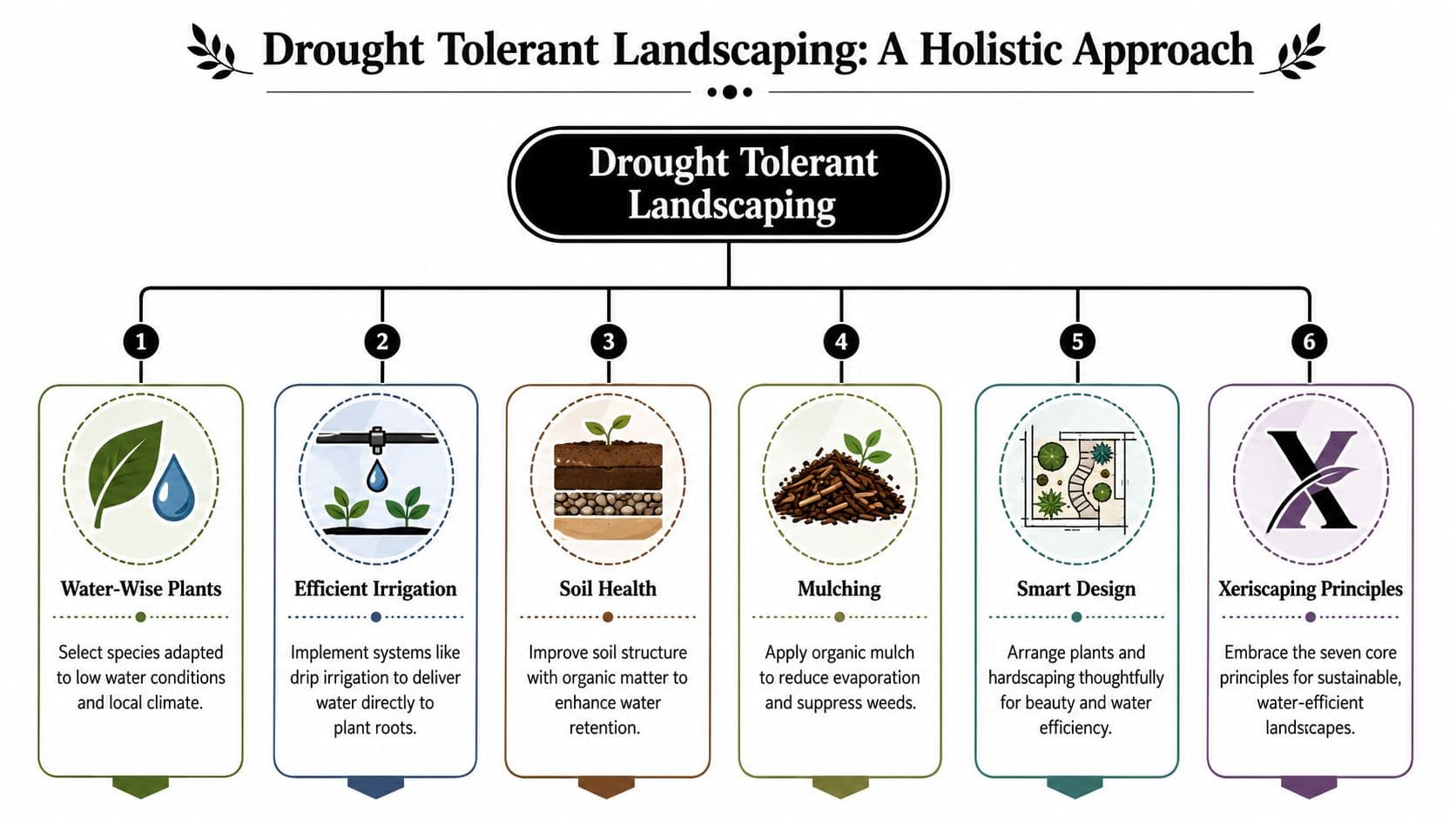 A diagram outlining six key strategies for creating sustainable and effective drought tolerant landscaping for residential gardens.