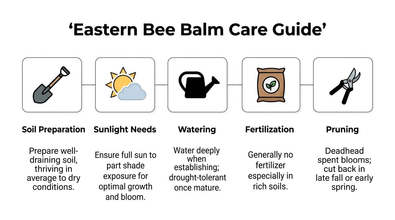 An infographic titled Eastern Bee Balm Care Guide showing icons for soil, sun, water, fertilizer, and pruning.