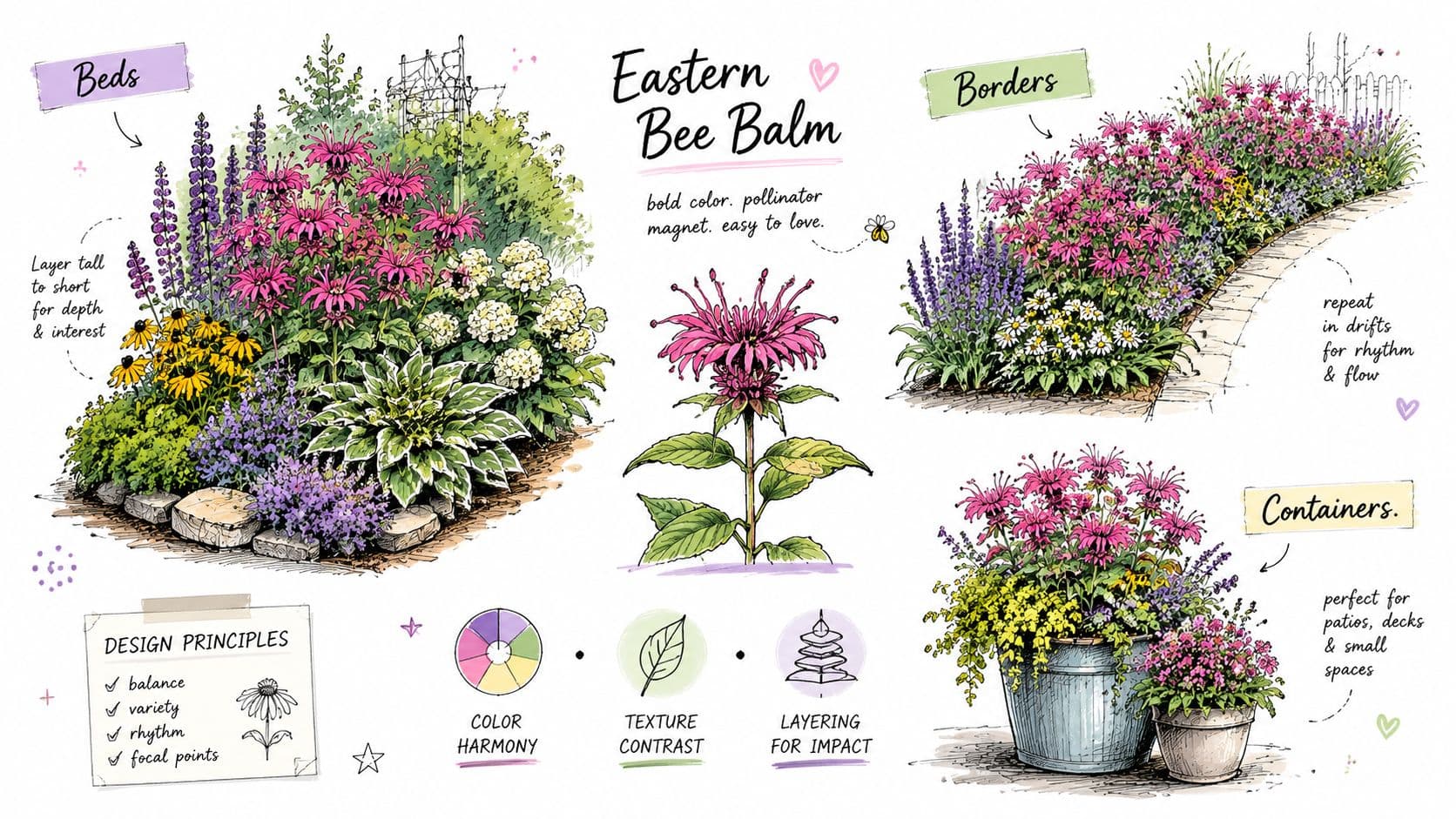 An illustrated guide showcasing design ideas for planting Eastern Bee Balm in beds, borders, and containers.