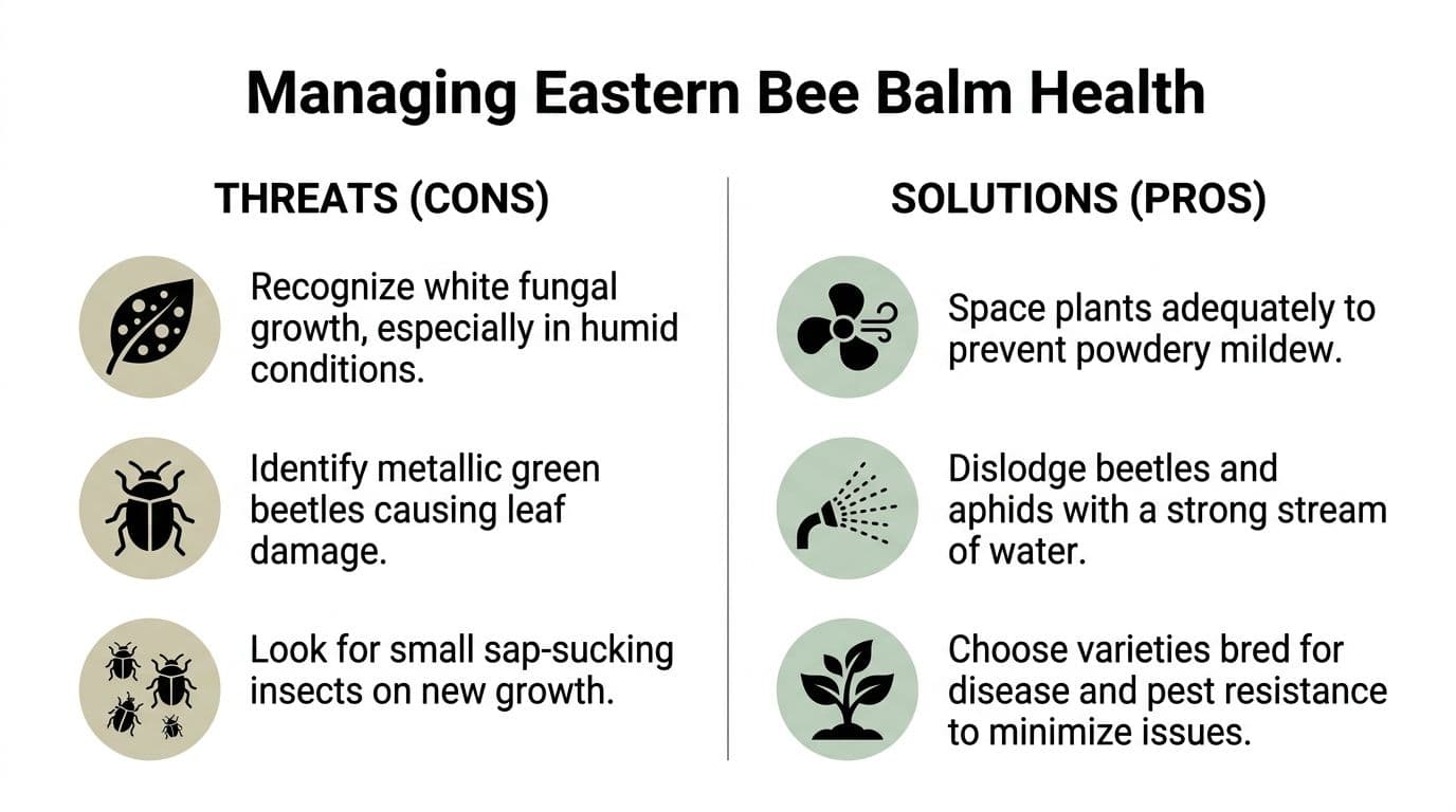 An infographic titled Managing Eastern Bee Balm Health listing common garden threats and their effective solutions.
