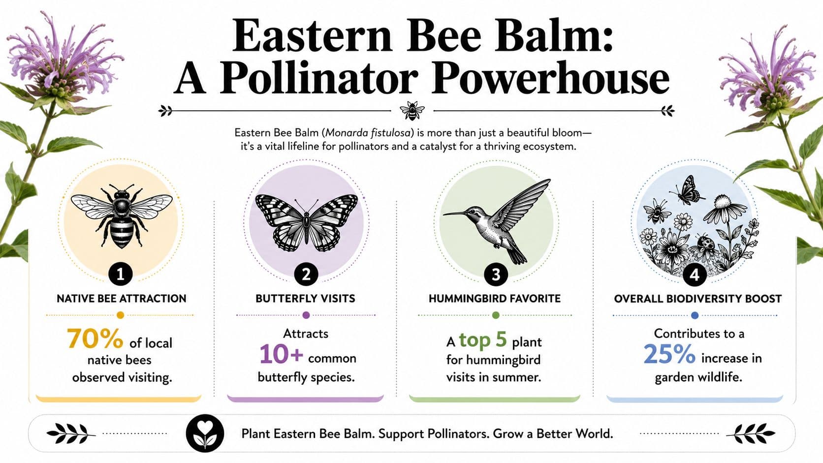 An infographic titled Eastern Bee Balm showing four benefits of the plant for local pollinators and biodiversity.
