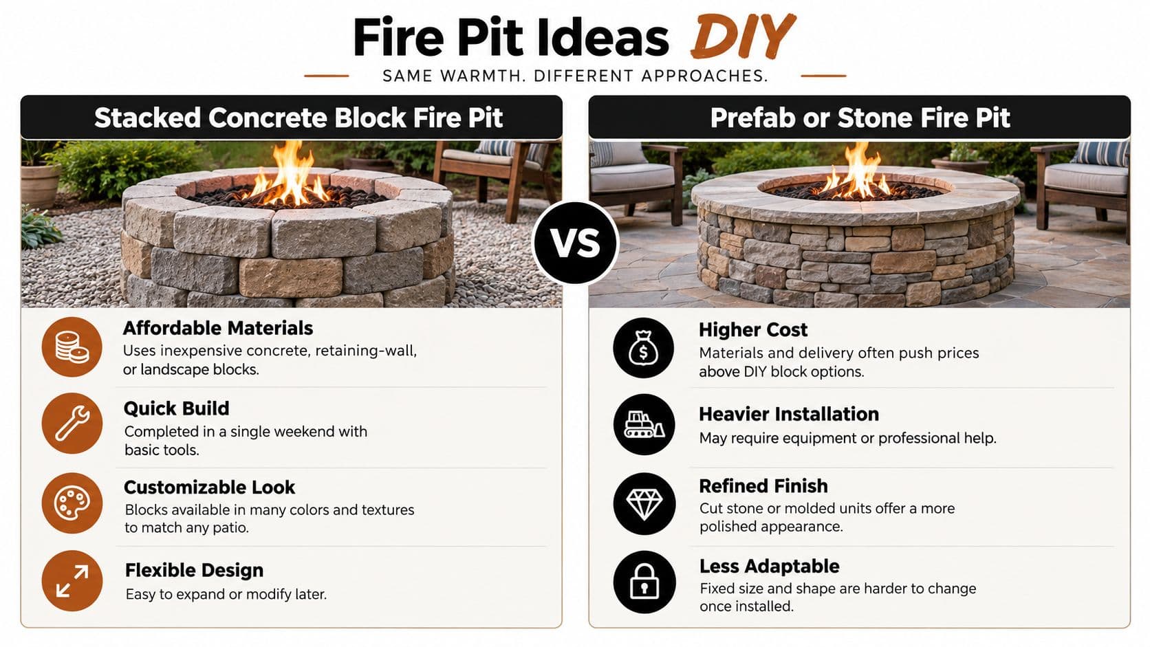 A comparison infographic showing a stacked concrete block fire pit versus a prefab stone fire pit design.