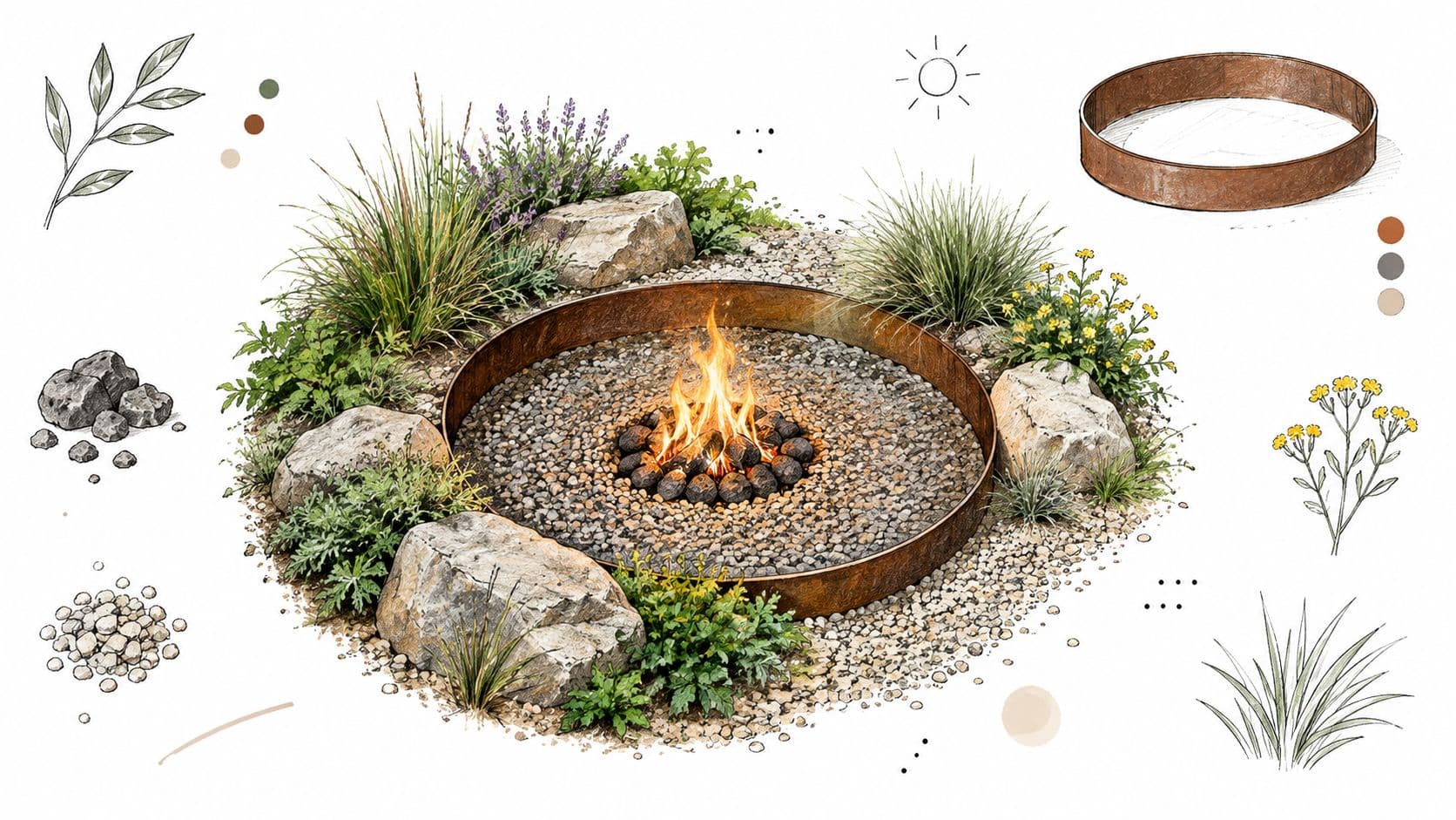 An artistic illustration of a round metal fire pit surrounded by decorative stones, pebbles, and native plants.