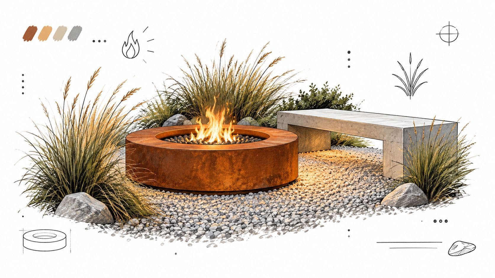 A modern outdoor landscape design featuring a rustic circular corten steel fire pit and stone bench.