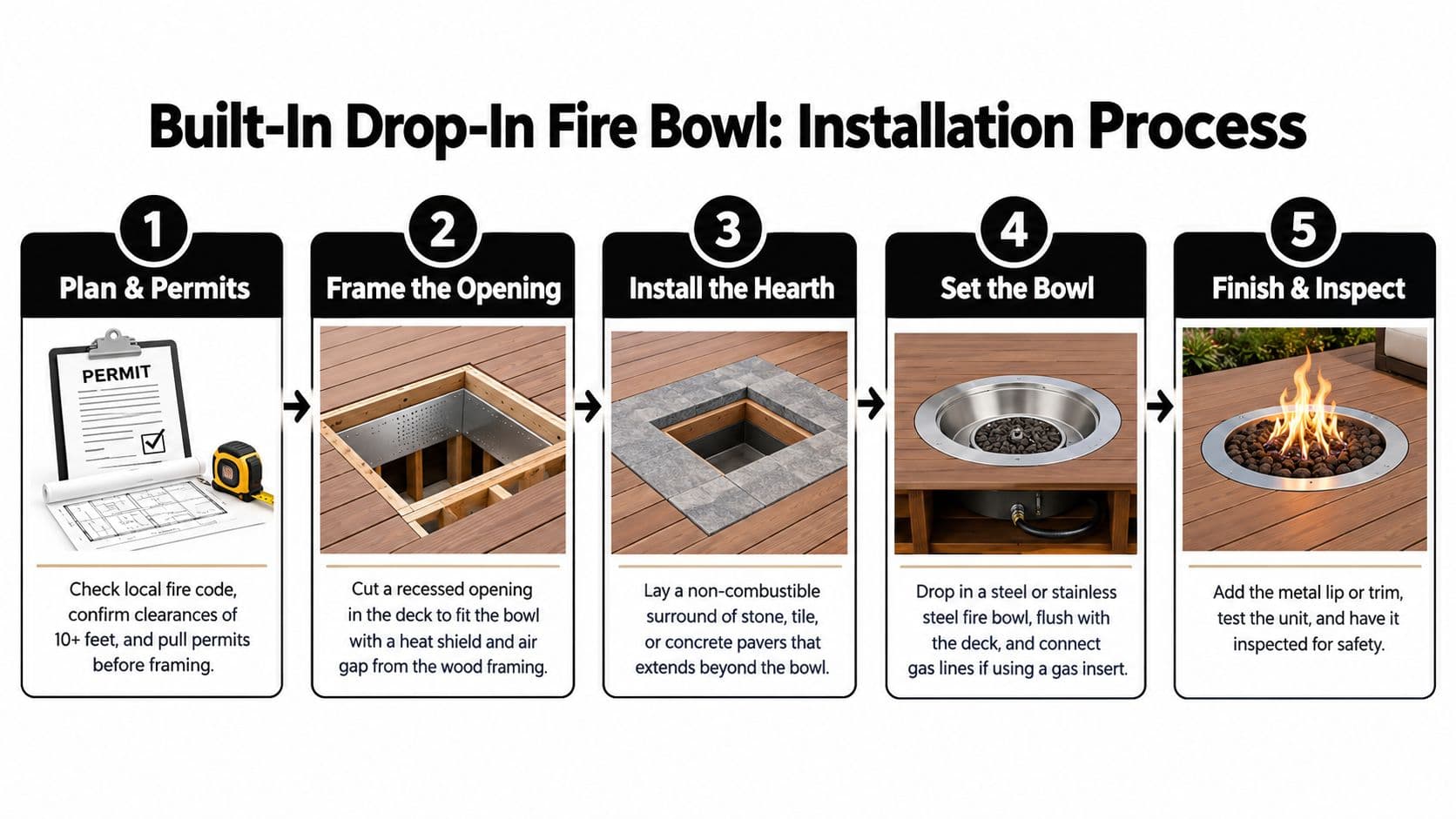 A five-step infographic showing the professional installation process for a built-in drop-in fire bowl on a deck.