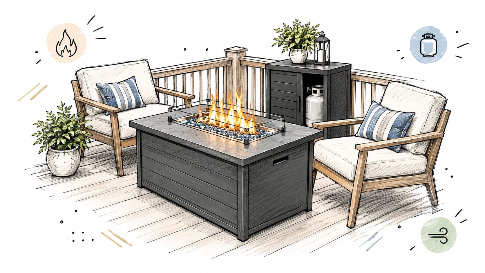 A cozy outdoor deck area featuring a fire pit table, two wooden armchairs, and a propane tank.