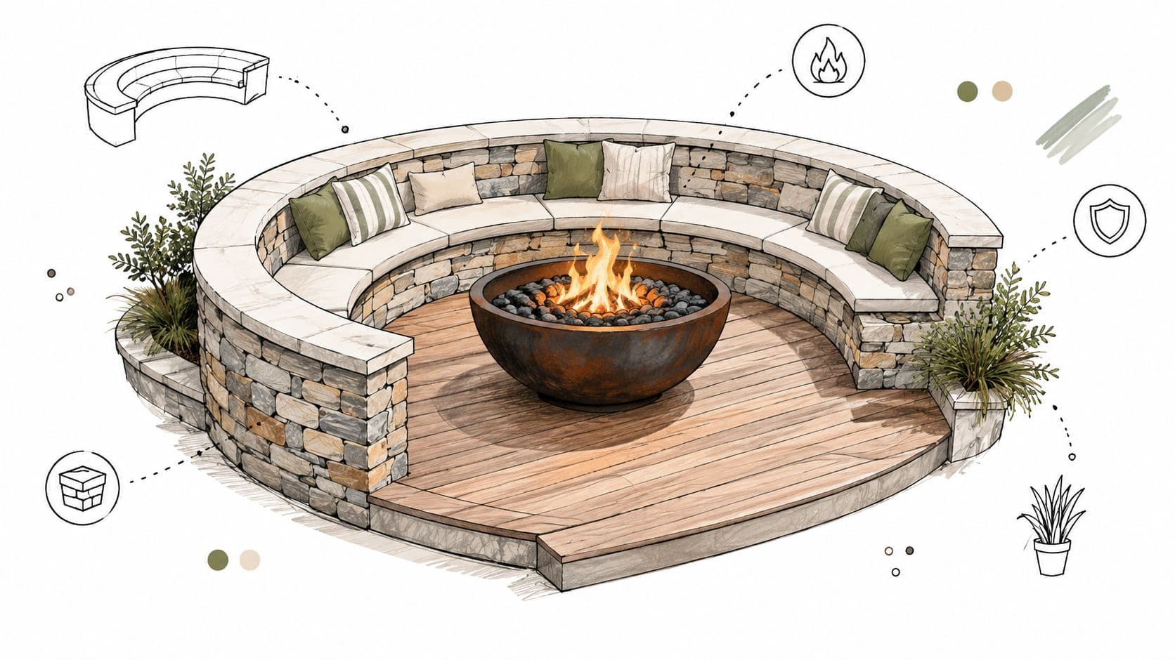 A circular patio design featuring a stone fire pit with curved seating built into a backyard deck.