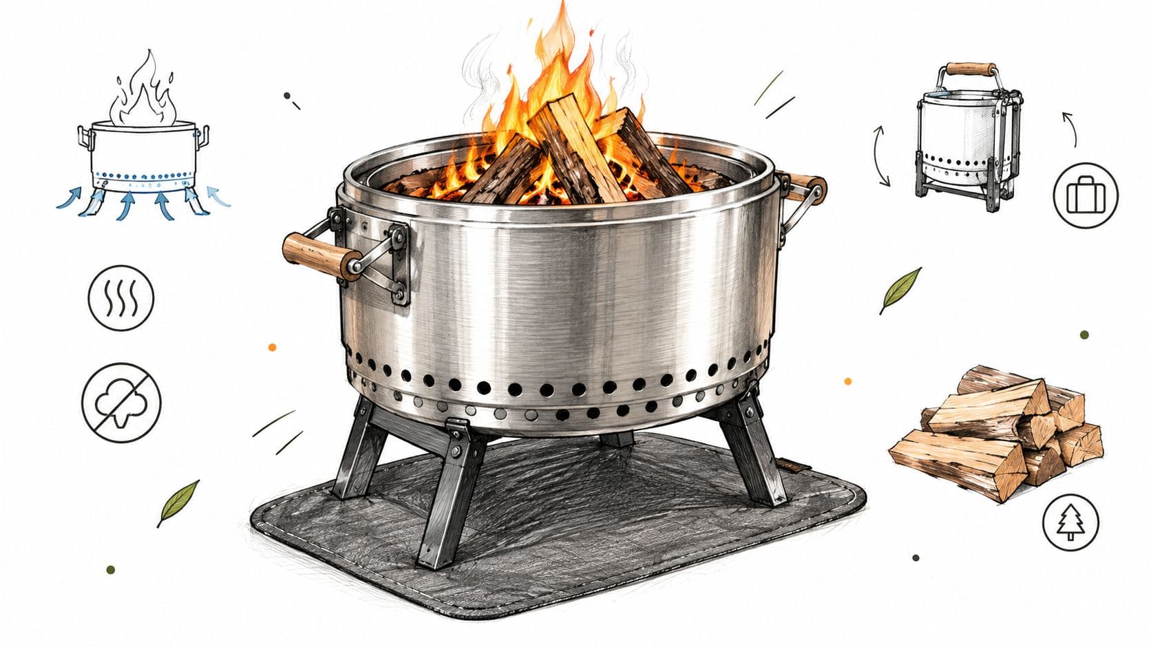 A modern, portable stainless steel fire pit with a protective base mat, ideal for deck use.