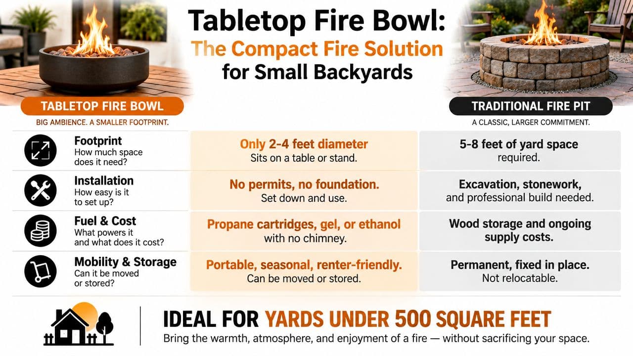 A comparison chart highlighting the benefits of tabletop fire bowls versus traditional fire pits for small backyards.