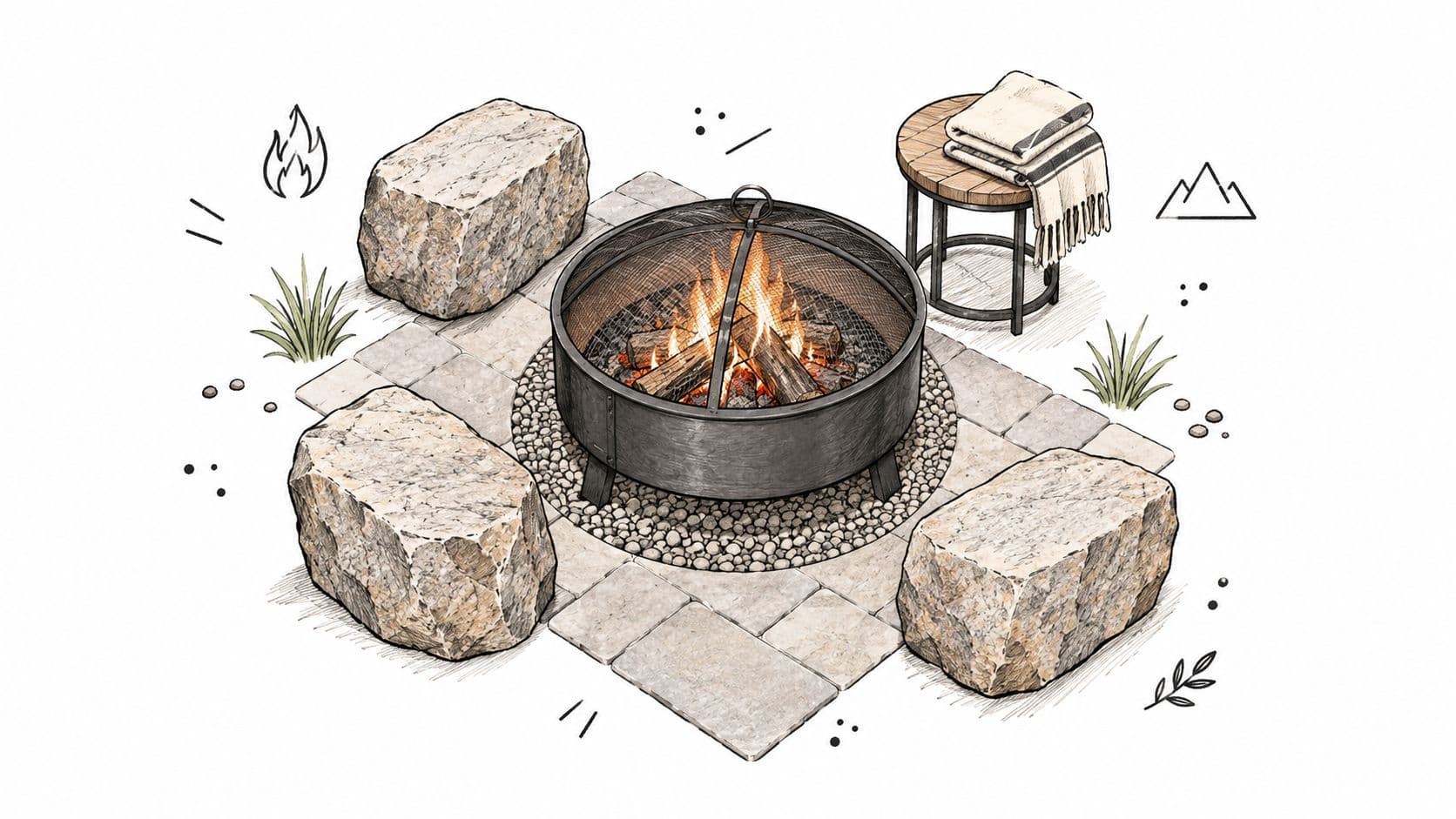 A cozy outdoor stone patio featuring a metal fire pit surrounded by natural rock seating chairs.