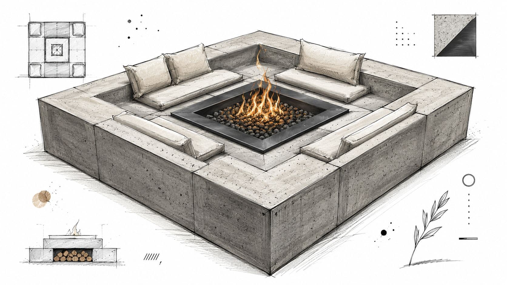 A modern square concrete fire pit design with built-in seating and glowing flames for outdoor spaces.