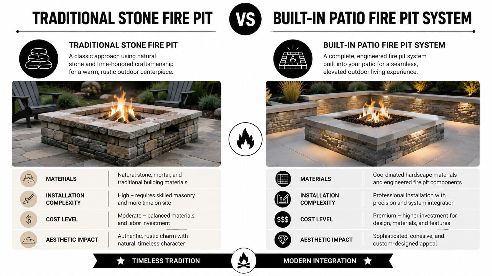 A comparison graphic showing a traditional stone fire pit versus a modern built-in patio fire pit system.