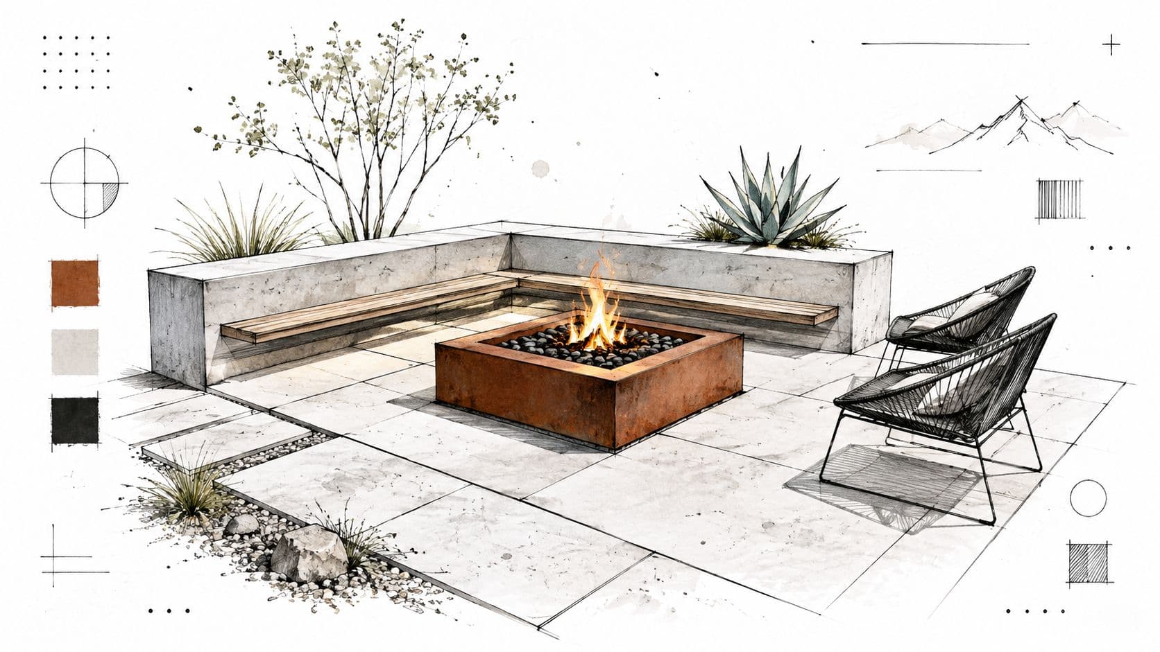 A modern outdoor patio design sketch featuring a square fire pit, concrete benches, and comfortable lounge chairs.