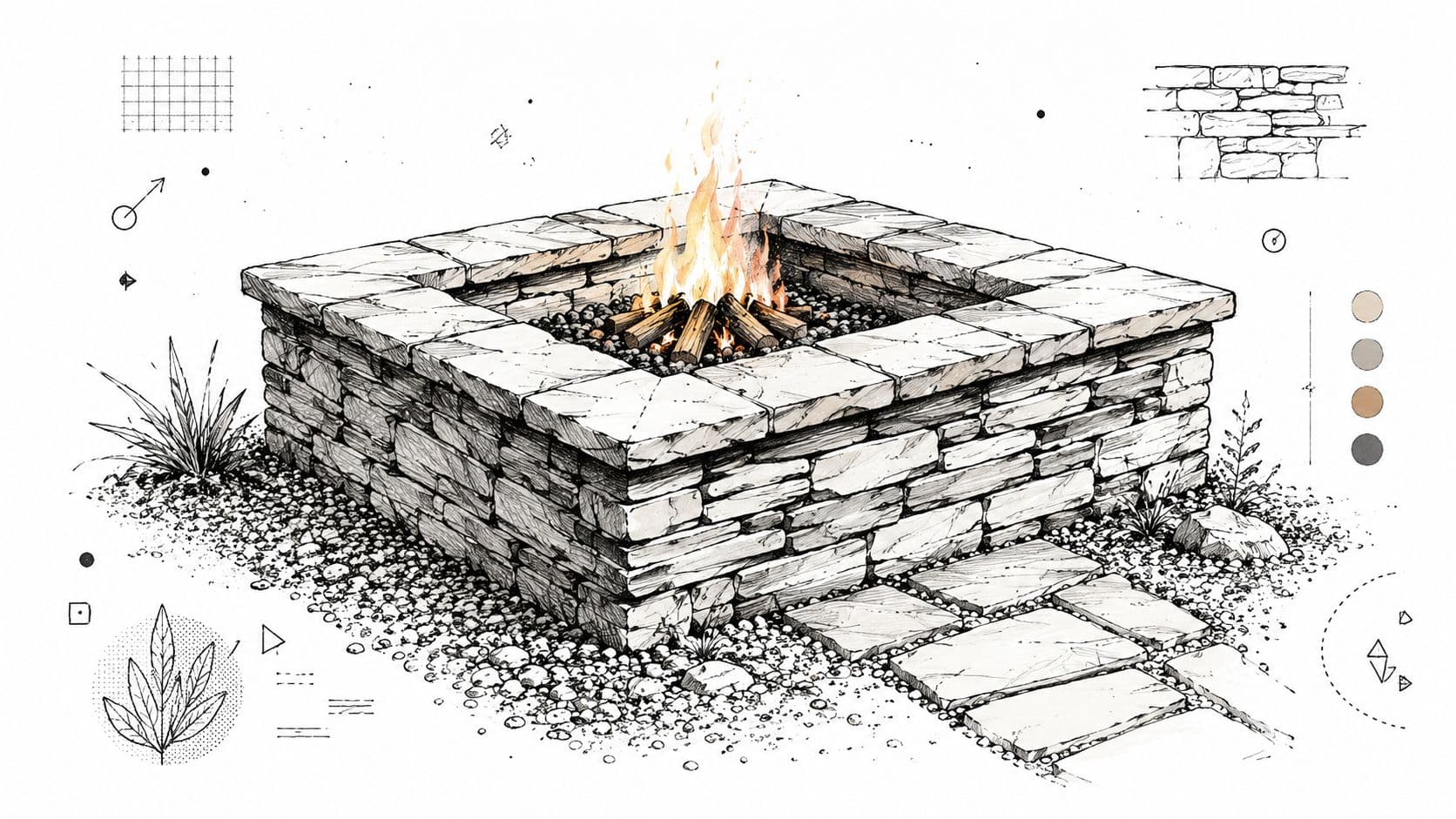 A detailed architectural sketch of a square stone fire pit with a glowing fire in the center.