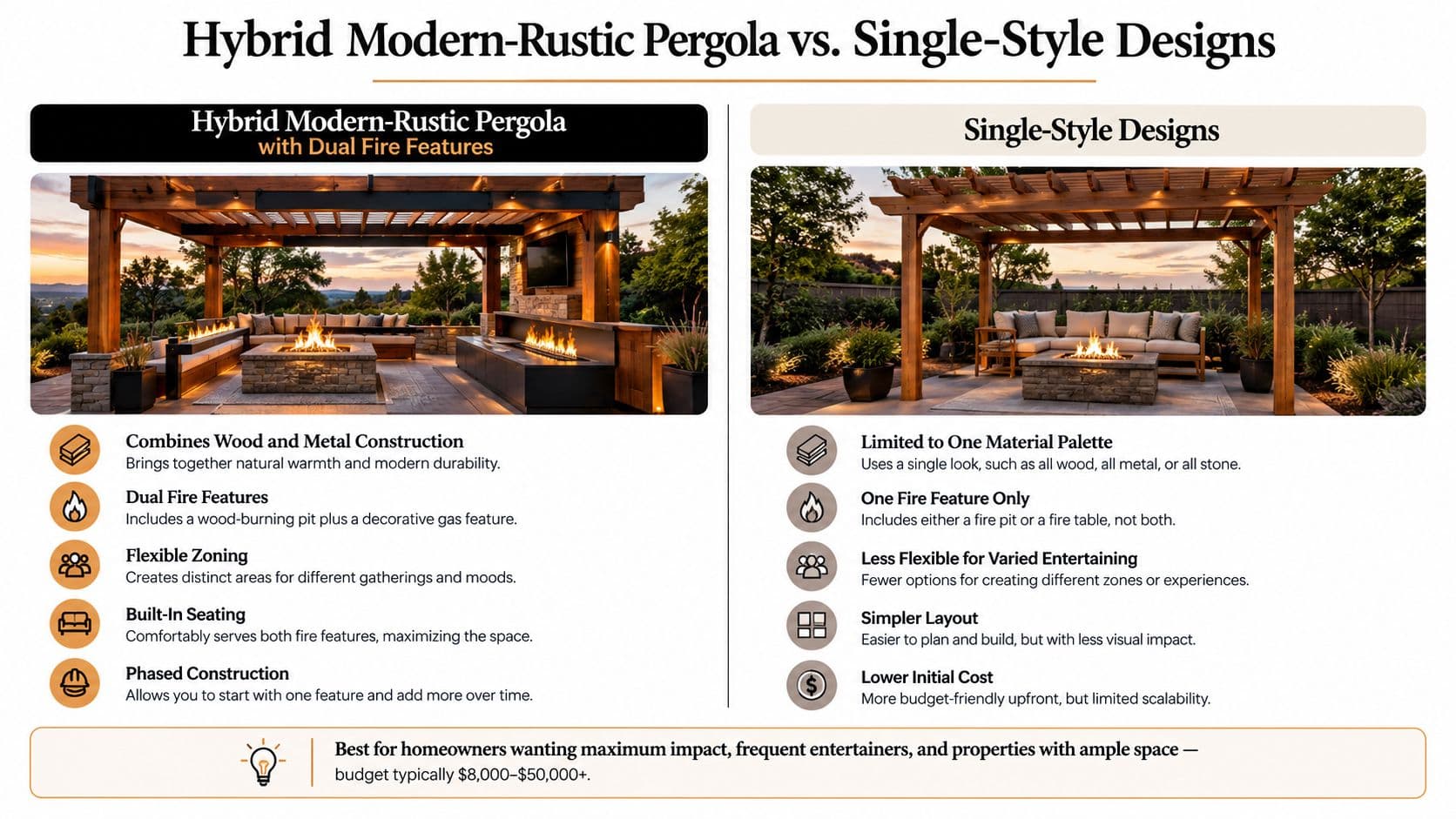 A comparison chart showing the design differences between a hybrid modern-rustic pergola and single-style pergola designs.