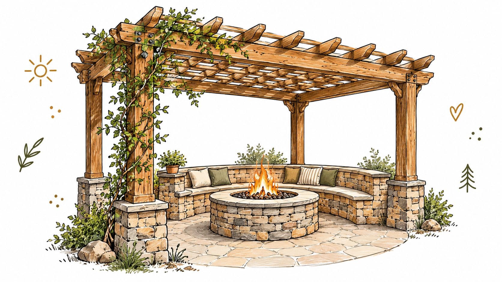 A cozy outdoor patio featuring a stone fire pit, built-in seating, and a decorative wooden pergola structure.
