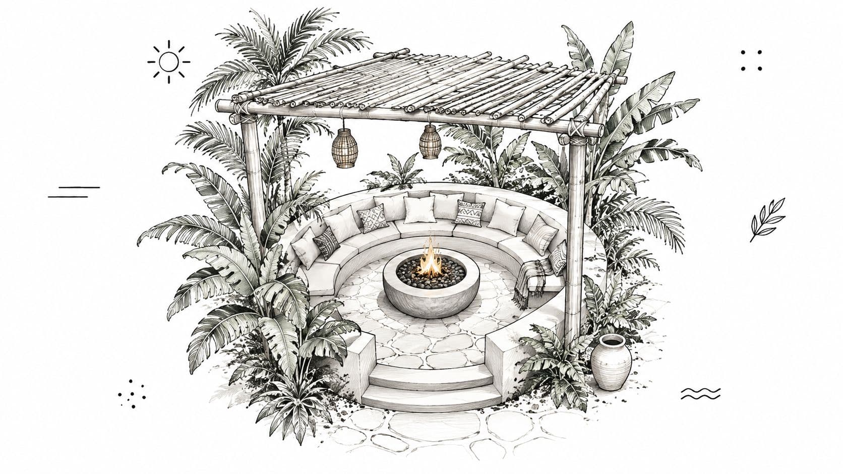 A detailed sketch of a tropical outdoor fire pit area featuring a circular stone bench and pergola.