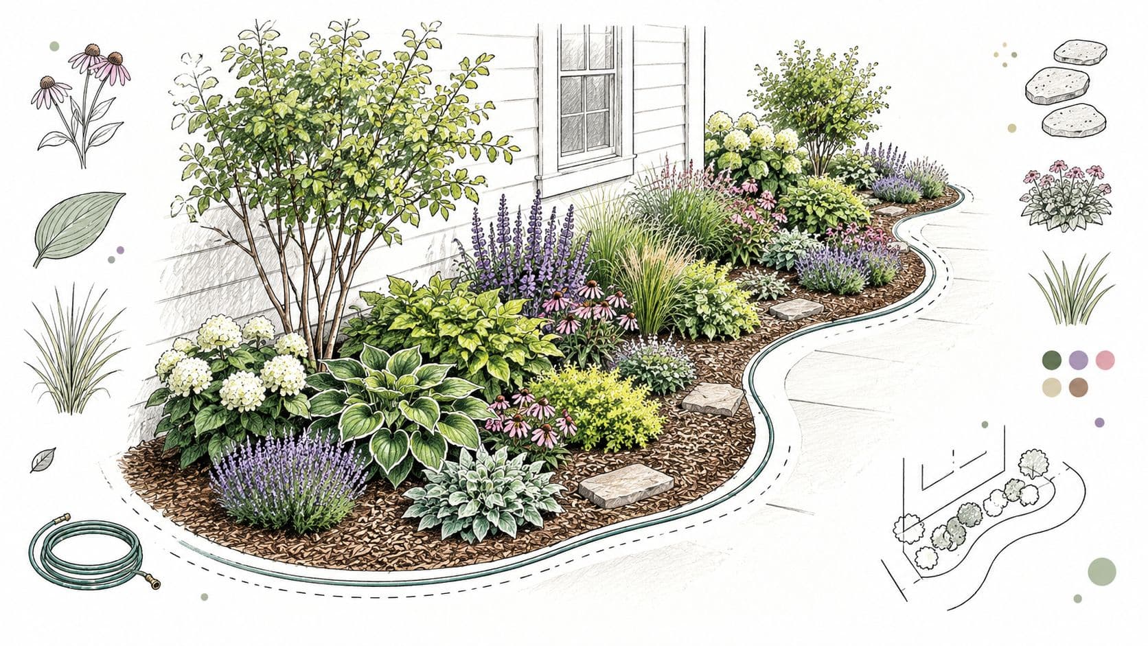A detailed landscaping sketch showing a garden flower bed layout plan next to a house exterior.