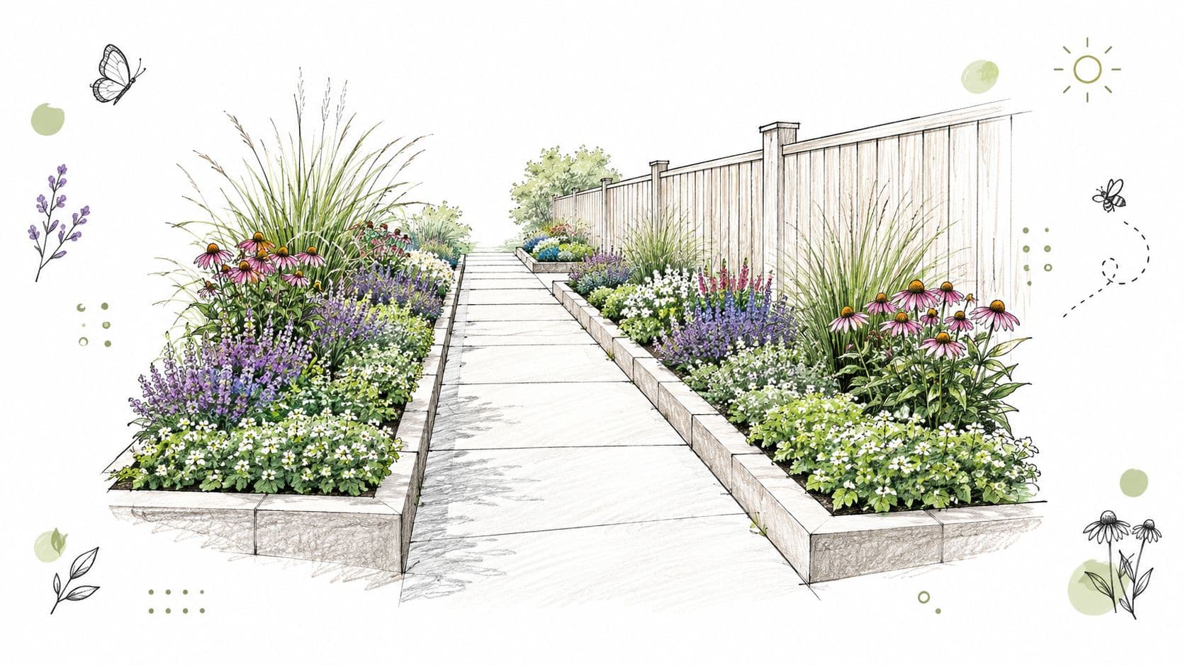 A detailed architectural sketch of a garden pathway featuring raised flower beds filled with colorful perennial plants.