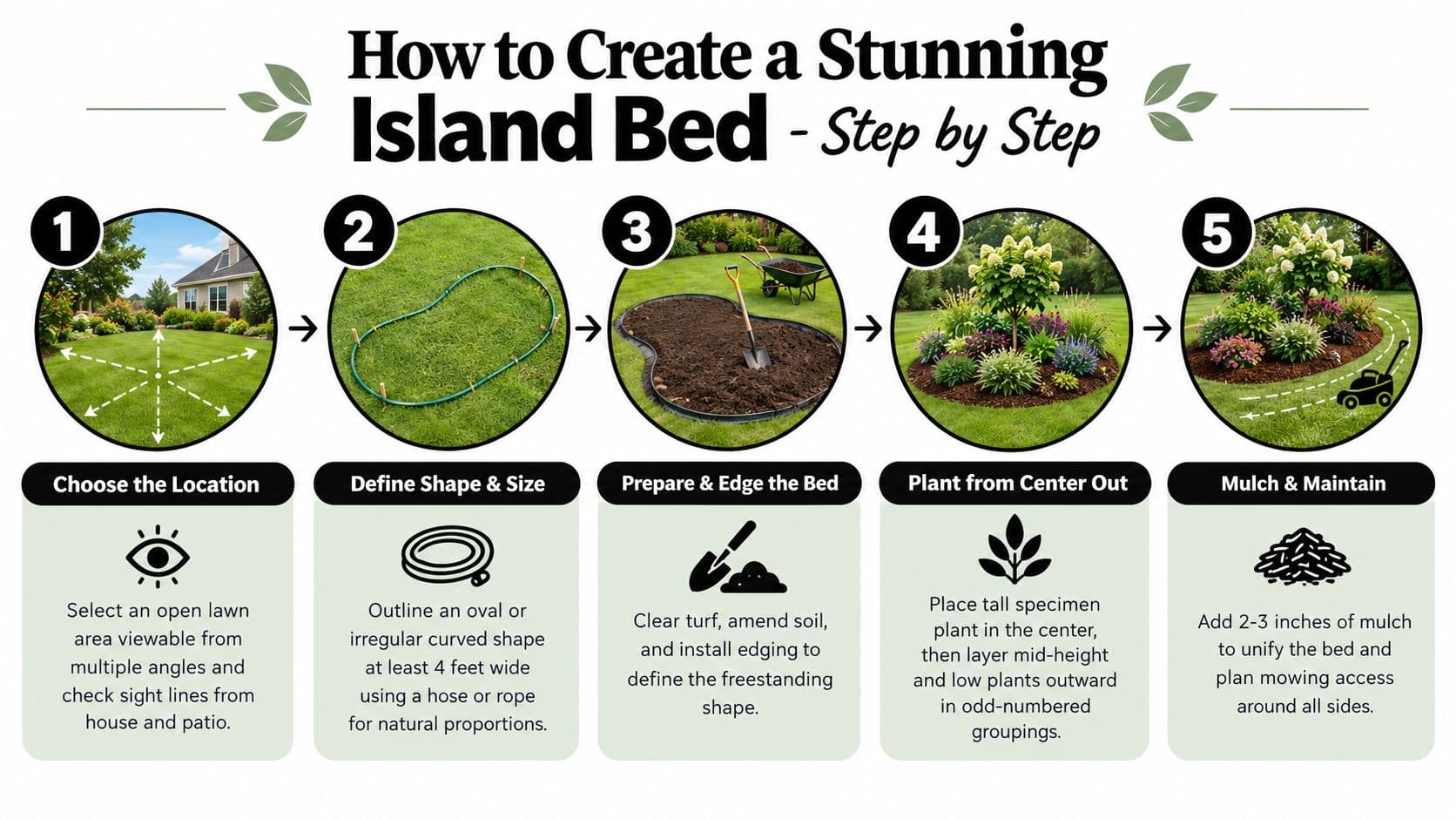 An infographic illustrating five easy steps to create a beautiful garden island bed in a lawn.
