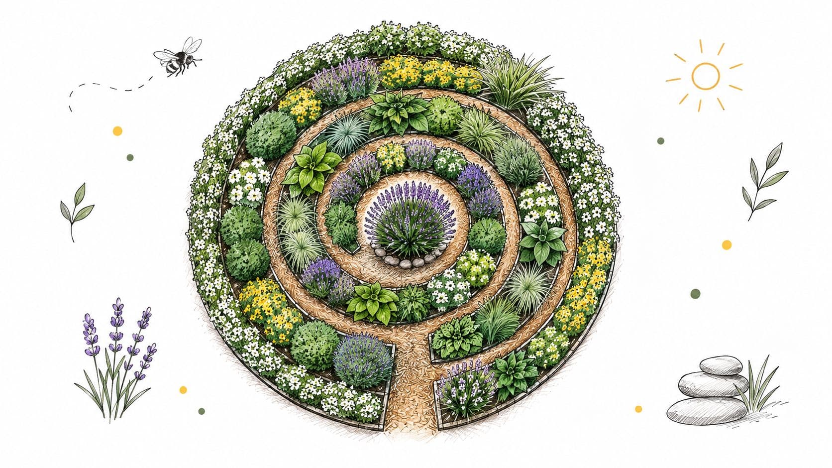 A top-down illustration of a spiral-shaped garden bed filled with various colorful flowers and green plants.