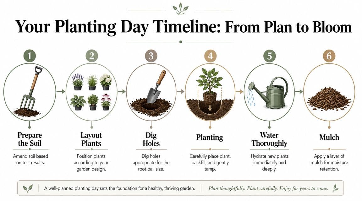 A step-by-step infographic illustrating the planting day process from soil preparation to mulching in a garden.