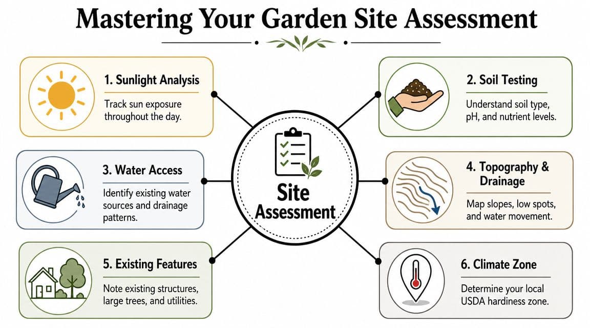 A visual guide for mastering a garden site assessment covering six key factors for successful planning.