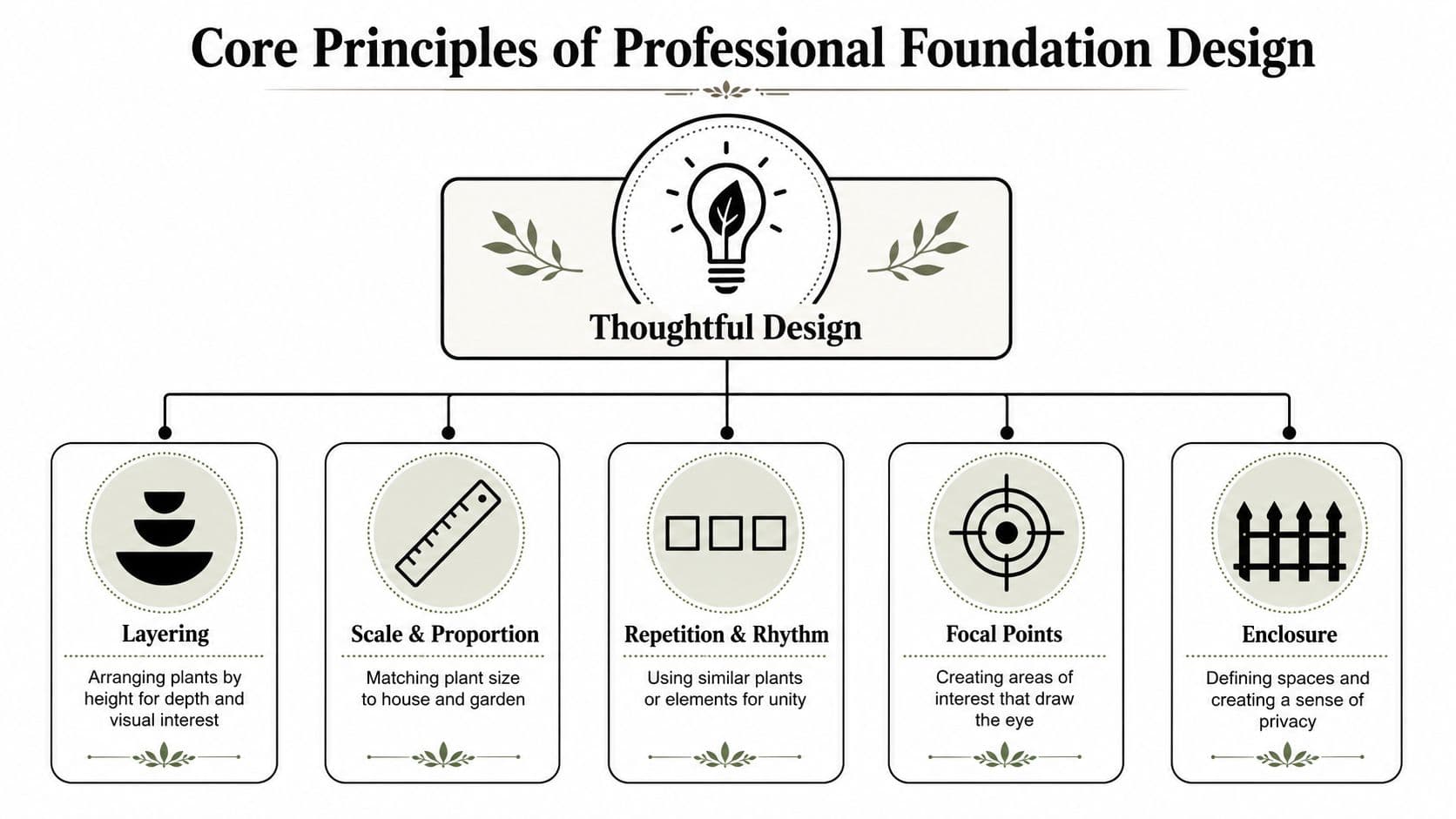 A diagram outlining the core principles of professional foundation design including layering, scale, repetition, focal points, and enclosure.