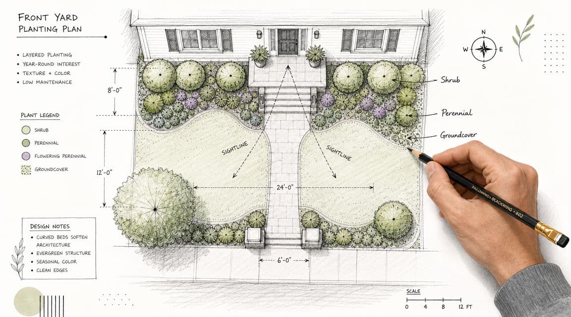A detailed hand-drawn landscape design plan for a residential front yard with labeled plantings and dimensions.