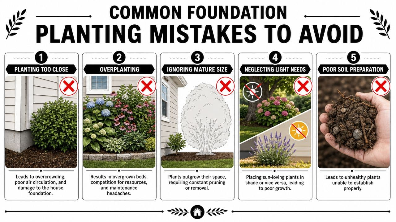 An infographic showing five common mistakes to avoid when planting shrubs and flowers near a home foundation.
