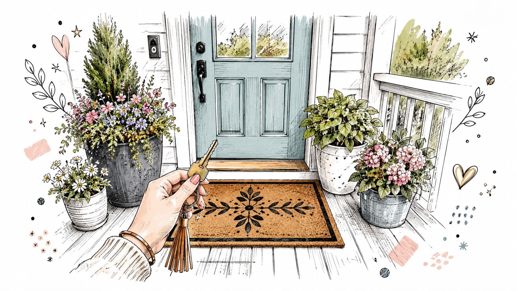 A hand holding a house key in front of a welcoming blue front door and porch.