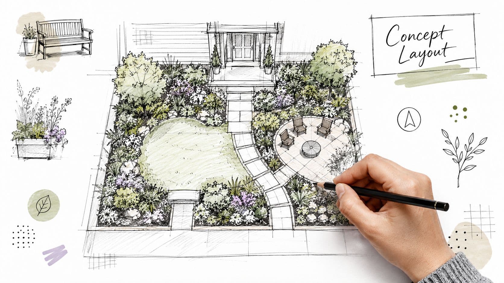 A hand drawing a landscape concept plan for a front yard garden with patio and walkway.